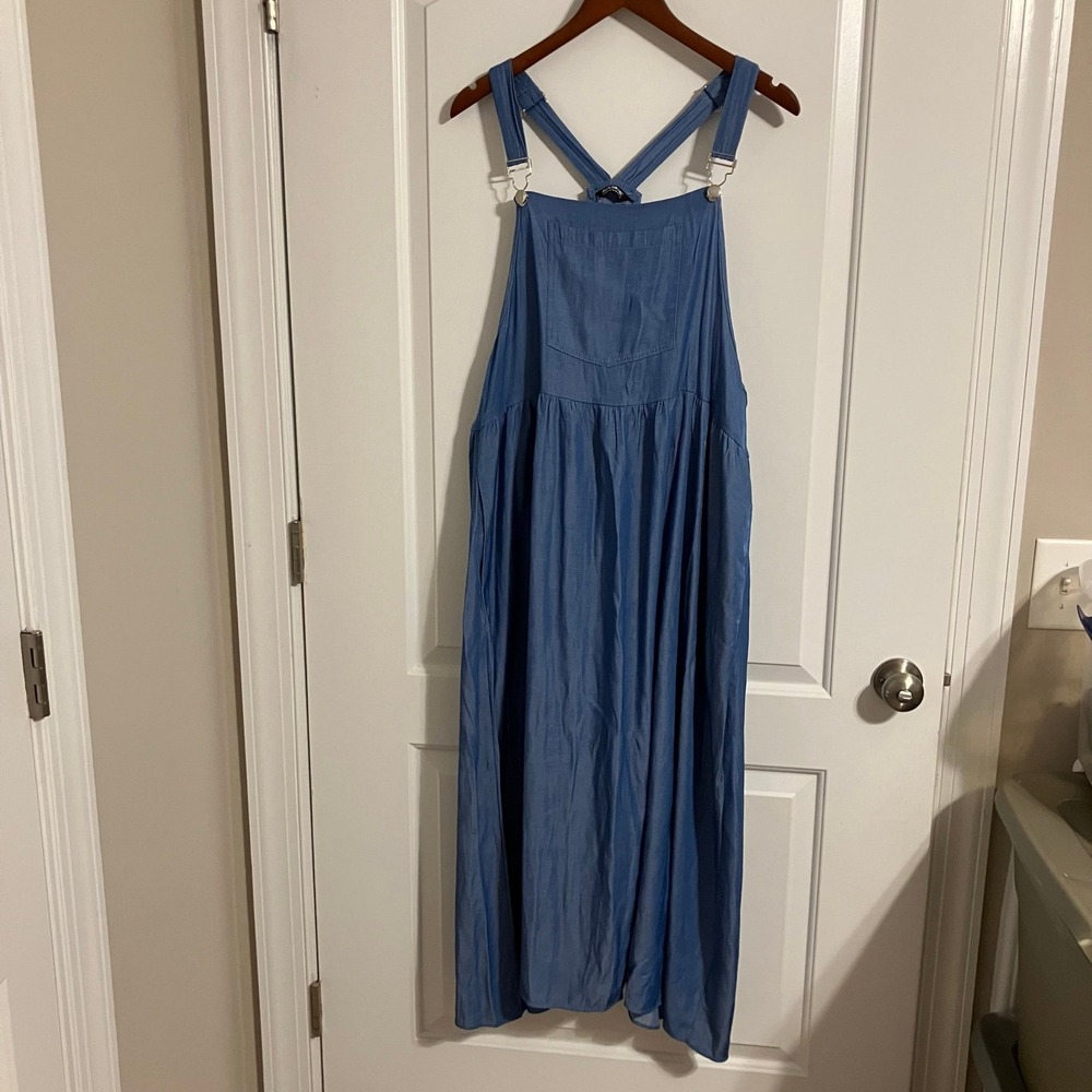 BloomChic Supersoft Faux Denim Adjustable Overall Strap Pockets Midi Dress 22-24